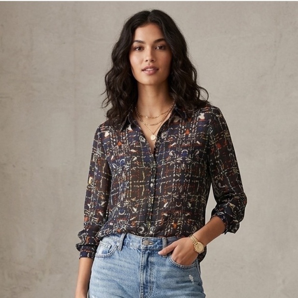Cabi Mosaic Blouse Multi Color Geometric Button Front Long Sleeve Top Size Large